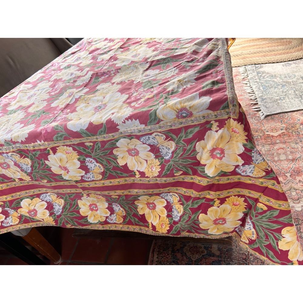 Vintage April Cornell Floral Butterfly Red Rectangle Tablecloth 64" X 98" - Picture 7 of 13